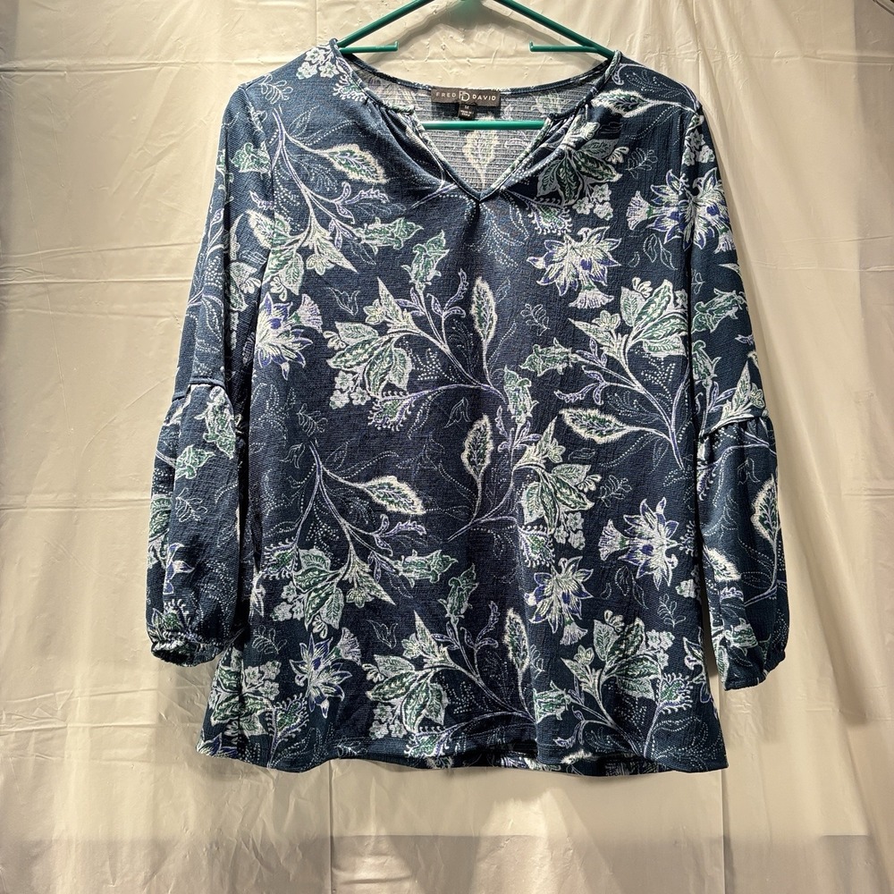 Fred David Women's Medium Multicolor Floral Long‎ Sleeve V-Neck Blouse